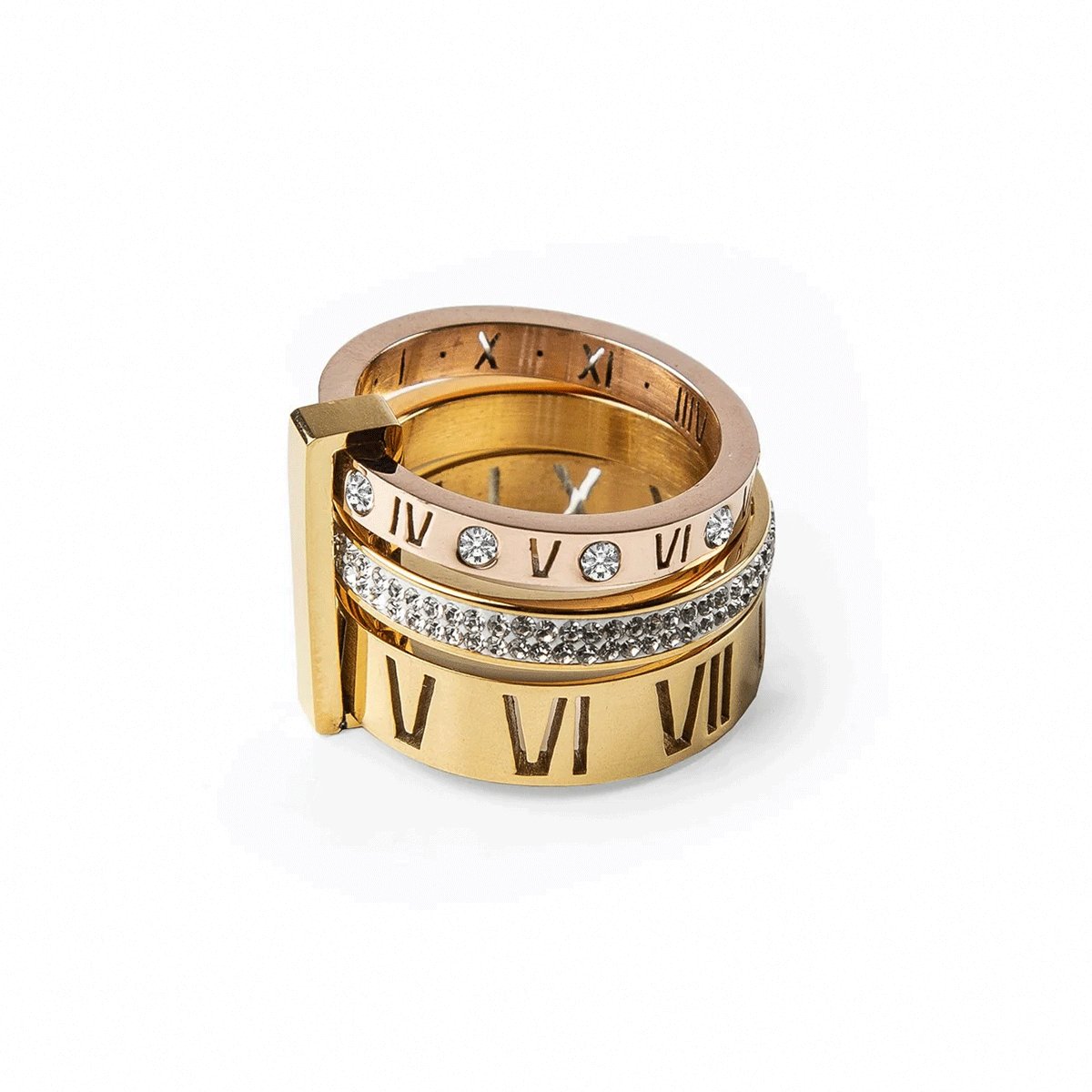 Triple Ring with a Row of Dazzling Stones – 18k Gold Finish