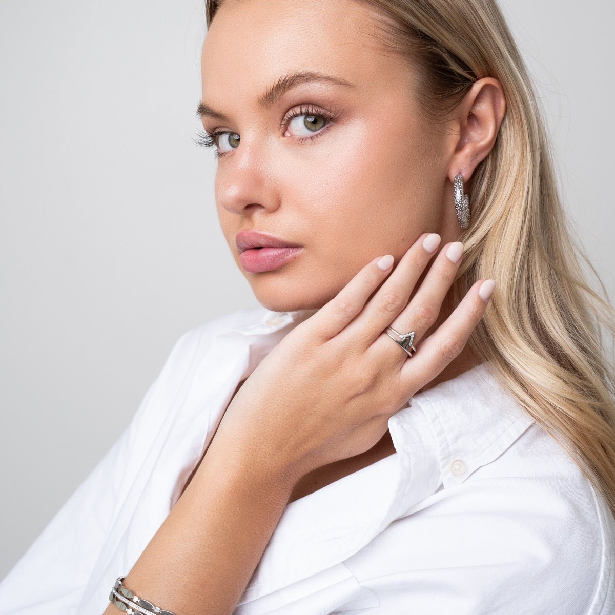 Sparkling Textured Hoop Earrings – Silver Finish