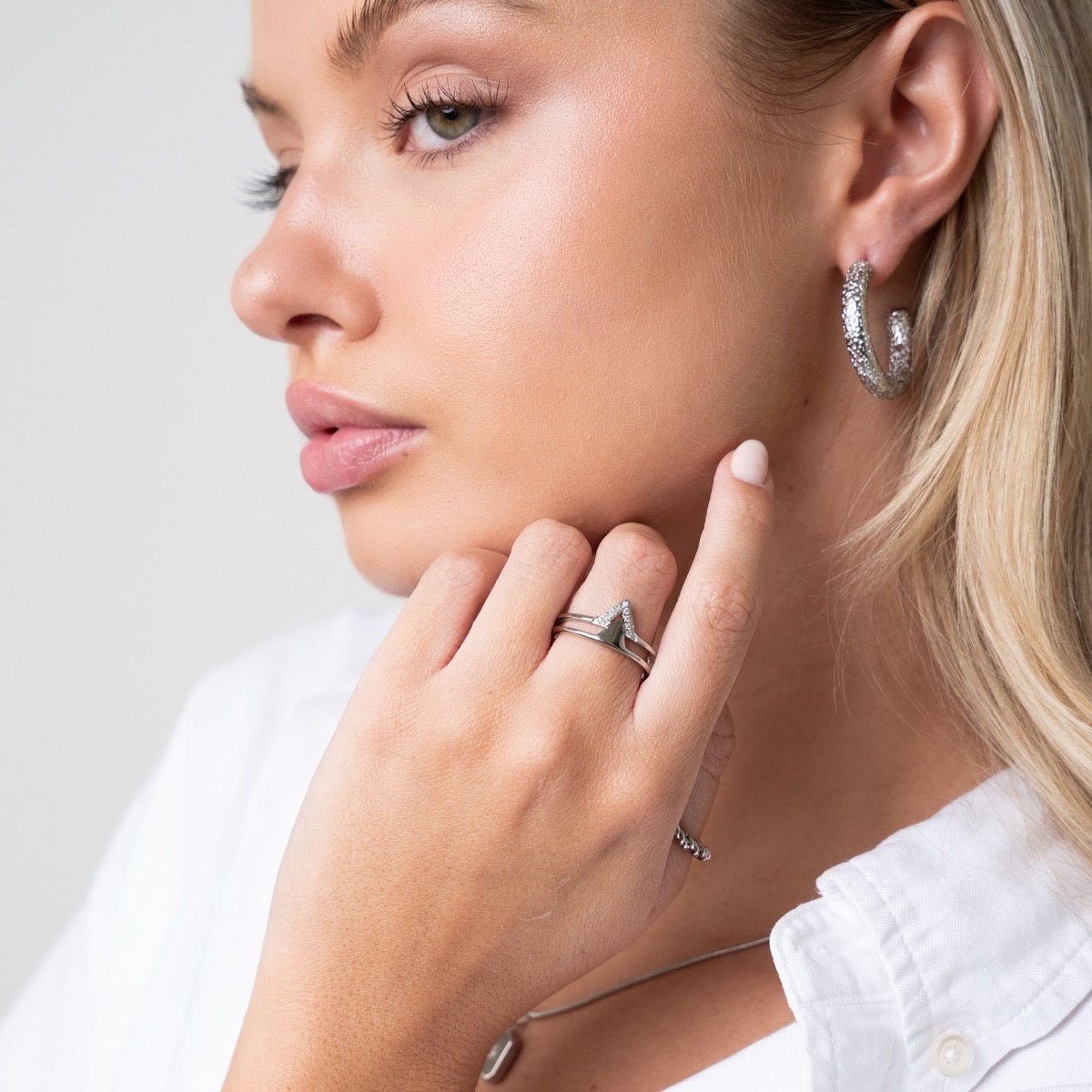 Sparkling Textured Hoop Earrings – Silver Finish