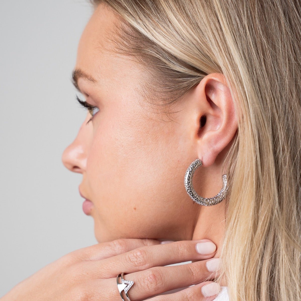 Sparkling Textured Hoop Earrings – Silver Finish