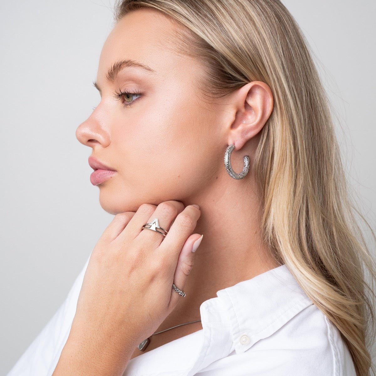 Sparkling Textured Hoop Earrings – Silver Finish