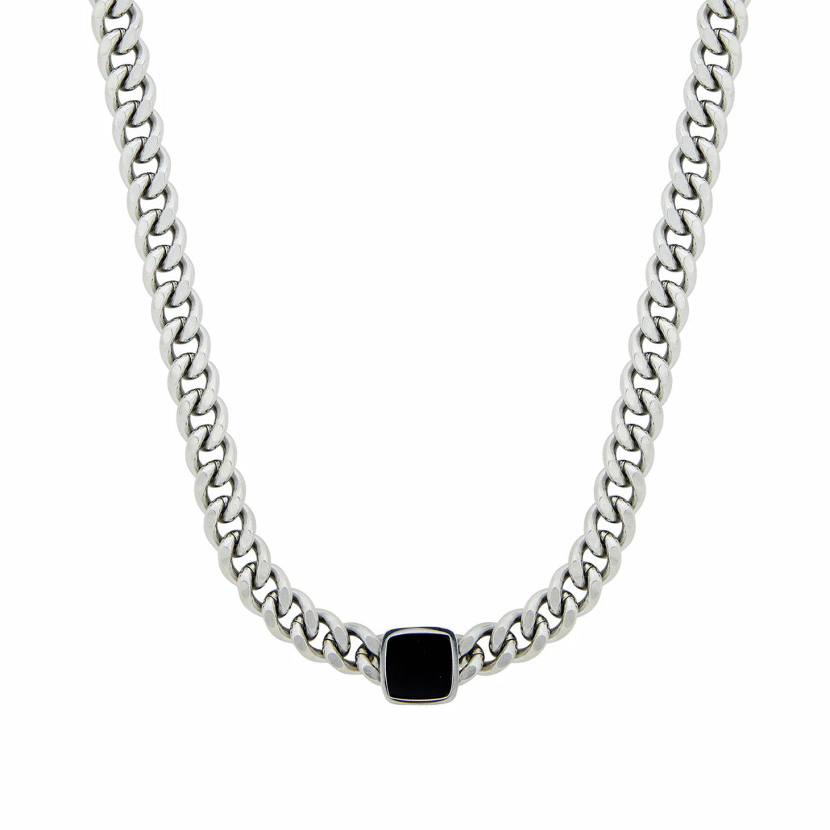 Square Onyx Stone Pendant Chain Necklace – Silver Finish