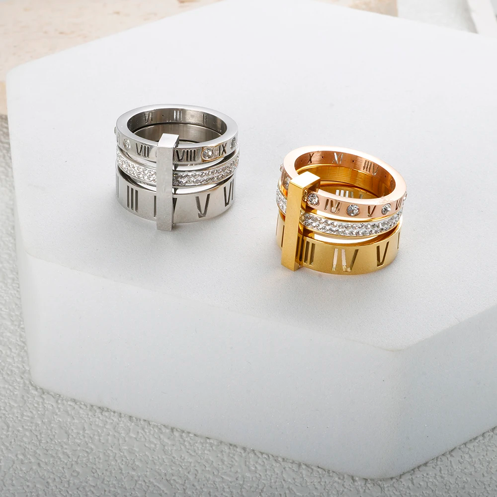 Triple Ring with a Row of Dazzling Stones – 18k Gold Finish
